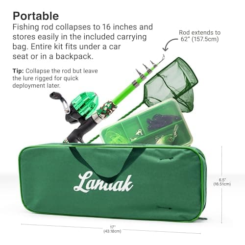 Lanaak Kids Fishing Pole, Kids Portable Telescopic Fishing Rod Set, Tackle Box and Fishing Net Combo Kit, Kids Fishing Gear for Boys and Girls Age 5-10 and Youth
