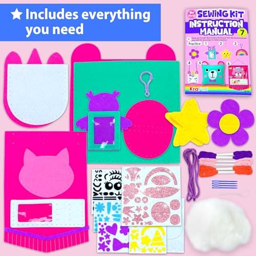 7 stuffed animal & plush pillow projects. Pre-punched felt & instructions included. Gift for girls & boys KRAFUN My First Sewing Kit for Kids Ages 6-12 | 7 Animal Dolls B091GXM2Y6