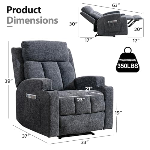 CANMOV Manual Recliner Chair with Massage and Heat, Soft Fabric Recliner Chair with Overstuffed Arm and Back, Manual Reclining Single Sofa with 2 Cup Holders, Side Pocket for Living Room, Dark Grey
