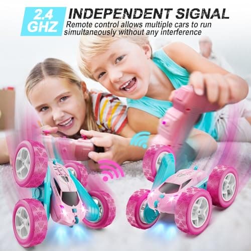 RC Cars, Pink Remote Control Car for Girls, 2.4 GHZ Double Sided RC Stunt Car 360° Rotating Remote Control Crawler with Headlights Car Toys for 6 7 8 9 10 11 12 Girls Birthday Gift Grandkids