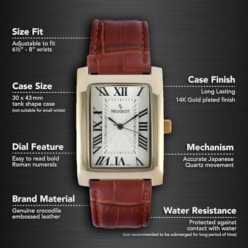 Peugeot Men’s Vintage Tank Shape 14K Gold Plated Wrist Watch with Roman Numeral Dial