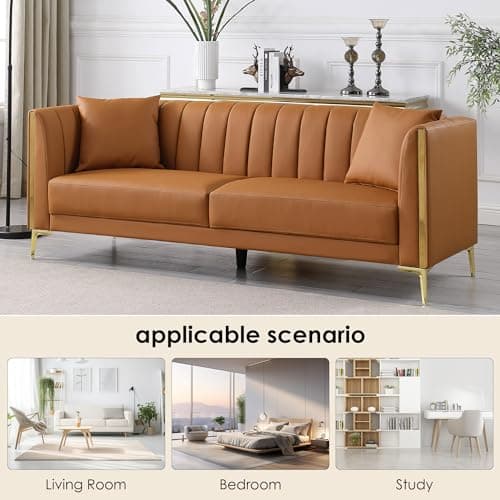 FOTOSOK 78'' Couch Sofa, Modern Leather Couches for Living Room, Comfy, Faux Leather Sofa 3 Seater Sofa with 2 Throw Pillows and Gold Metal Legs, Deep Seat Sofas (Brown)