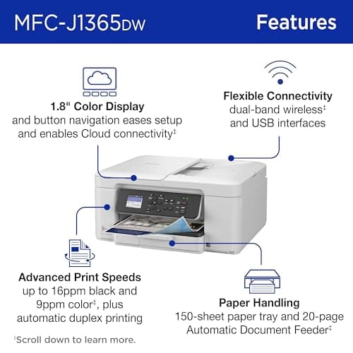 Brother INKvestment 1365 Wireless Color Inkjet All-in-One Printer with Automatic Duplex Printing and 1.8” Color Display | Includes Refresh Subscription Trial(1) (MFC-J1365DW)