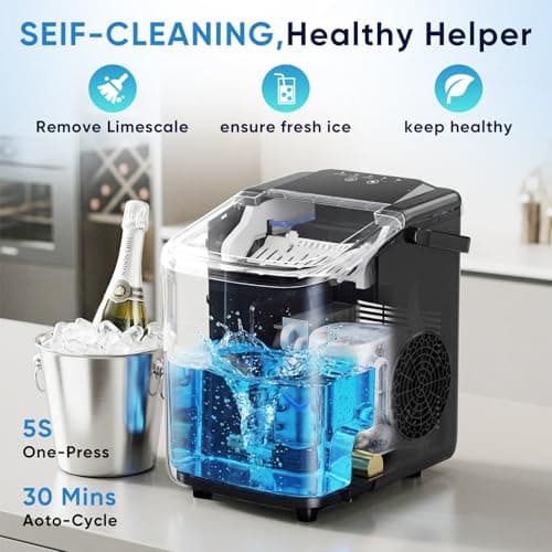 NEWBULIG Ice Maker, Countertop Ice Machine with Handle, 9 Bullet Cubes in 6~8 Mins, 26lbs Daily, Self-Cleaning with Basket and Scoop for Home/Kitchen/Camping/RV