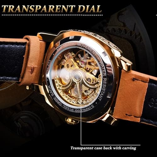 FORSINING Watches for Man, Square Retro Mechanical Watch Self-Wind Carved, Skeleton Automatic Watches Vintage Leather Strap Wristwatch