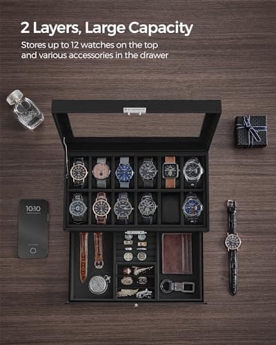 SONGMICS Watch Box, 12-Slot Watch Case Organizer with Large Glass Lid, 2 Layers, Removable Pillows, Metal Lock, Gift for Loved Ones, Black Synthetic Leather, Black Lining UJWB012B03