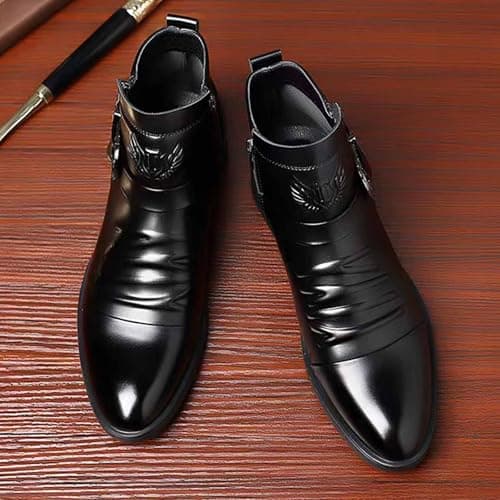 DONRRNDK Men's Leather Embossed Pattern Ankle Boots with Buckle Strap Retro Round Toe Side Zipper Non Slip Block Low Heel Dress Booties for Formal Casual Wear Short Boots