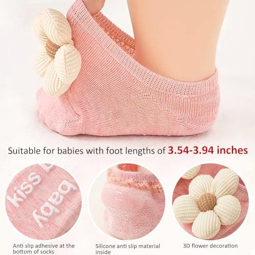 4Packs Baby Girls Socks,Flower Non-Slip Grips for Babies Toddler Princess Low Cut Ankle Socks for Girls