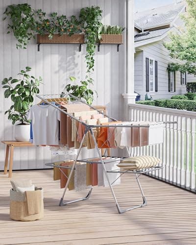 Sakugi Clothes Drying Rack, Foldable 2-Level Laundry Drying Rack with Height-Adjustable Wings, for Clothing & Bedding, Free-Standing Space-Saving Rack, Indoor & Outdoor, 55.5" L × 22.8" W, Gray