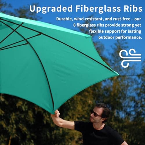 9FT Patio Umbrella with Fiberglass Ribs, Outdoor Market Table Umbrella with Crank and Tilt, UV Resistant Waterproof Canopy for Patio, Garden, Deck, Pool, Turquoise Blue