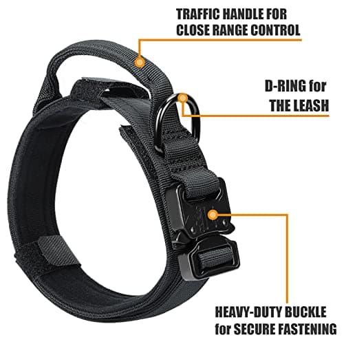 Tactical Dog Collar and Bungee Leash,Military Dog Collar & Leash Set with USA American Flag Adjustable K9 Collar with Heavy Duty Metal Buckle & Handle,with Patches and Airtags Case (L, Black)