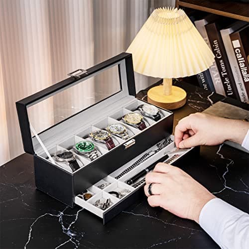 ProCase ProCase Watch Box, 6 Slot Watches Display Case with Drawer, Mens Watch Case with Glass Lid, 2-Layer Mens Jewelry Organizer Storage Holder, Birthday Valentine Gifts for Men -6 Slot, Black