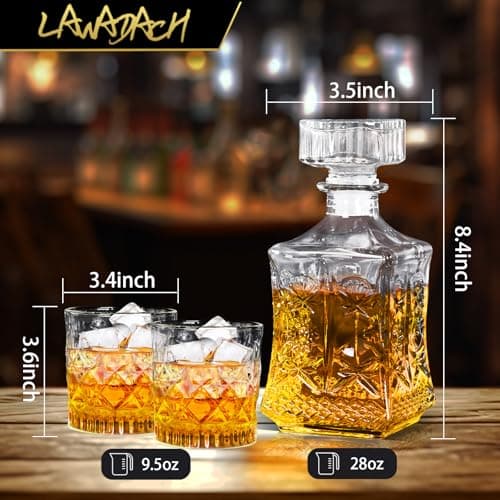 Whiskey Decanter for Men, Glass Liquor Decanter Set with 2 Whiskey Glasses, Decanter for Tequila,Bourbon, Scotch, Brandy and Vodka, Gift for Men, Ideal Home Bar Decor - 28oz