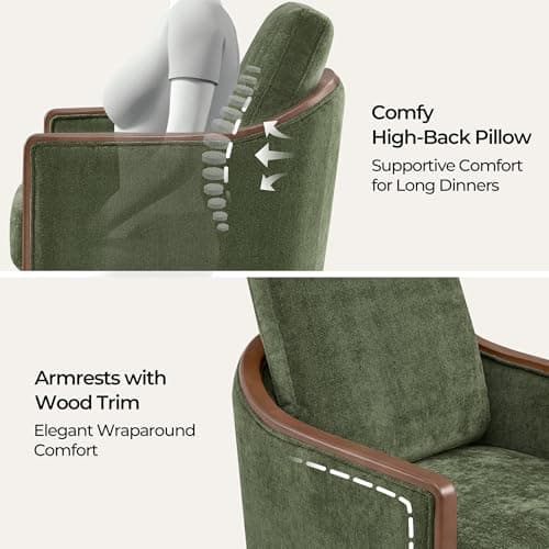 CHITA Upholstered Dining Chairs Set of 2 with Hidden Casters, Modern Dining Chair with Backrest & Wood Armrest, Chenille Barrel Chairs for Dining Room, Kitchen Chairs Fully Assembled, Moss Green