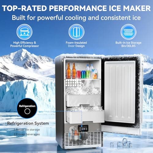 SOZT® Under Counter Ice Maker with Refrigerator Function, 120LBS/24H Commercial Ice Machine, No-Melt Ice Storage, 24H Timer & Self-Cleaning, Built-in/Freestanding for Home Bar Cafe Restaurant