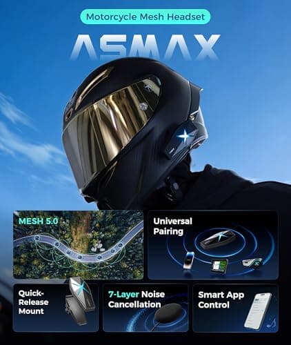 ASMAX F1s Motorcycle Bluetooth Headset With Smart Voice Control, 10 Riders Mesh Helmet Communication Systems, Dual Chip with Audio Multitasking/ENC/No-Magnet Mount, 5mi Intercom for Snowmobile, 2 Pack
