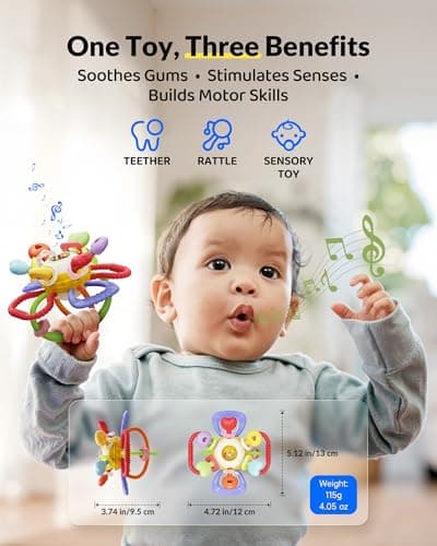 Baby Montessori Sensory Teething Toy - Safe, Multi-Functional BPA-Free Silicone Teether for Babies 0-12 Months - Teething Relief & Fun Play with Rattle - Perfect Baby Toys for Boys & Girls