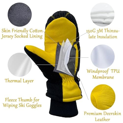 SKYDEER Warm Ski Mittens with Soft Premium Deerskin Leather and 150G 3M Thinsulate Insulation (SD8753M, Unisex)