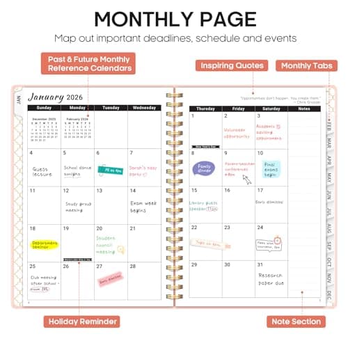 2026 Planner, Weekly and Monthly Calendar Planner, January 2026 - December 2026, Hardcover 2026 Calendar Book with Tabs For Women & Men, Inner Pocket, Spiral Bound, Perfect for Office Home School Supplies - A5 (6.3" x 8.5"), Pink