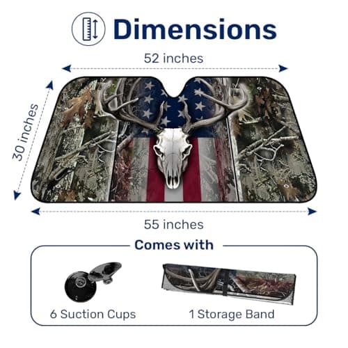 GENANY Hunting Car Sun Shade for Car SUV Truck (55x30 inches), Deer Skull Sun Shade Windshield, Shades for Front Windows, Protector Blocks UV, Car Decor