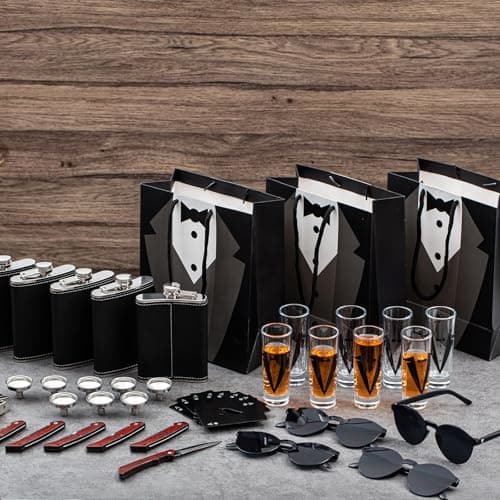 Tioncy 48 Pcs Groomsmen Proposal Gift 8 Engraved Pocket Knife 8 Groomsmen Gift Bags 8 Shot Glasses with Tuxedos 8 Stainless Steel Hip Flask 8 Poker Card Bottle Opener 8 Sunglasses