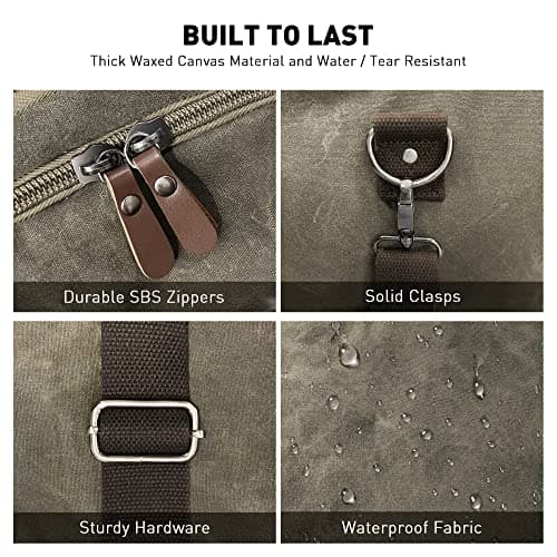 Wildroad Waxed Canvas Duffle Bag - 50L Waterproof Weekender Overnight Travel Bag