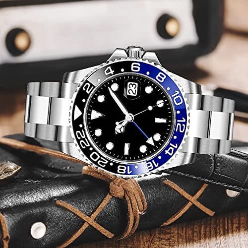 FANMIS GMT Master Sapphire Glass Blue and Black Ceramic Bezel Men's Silver Automatic Watch