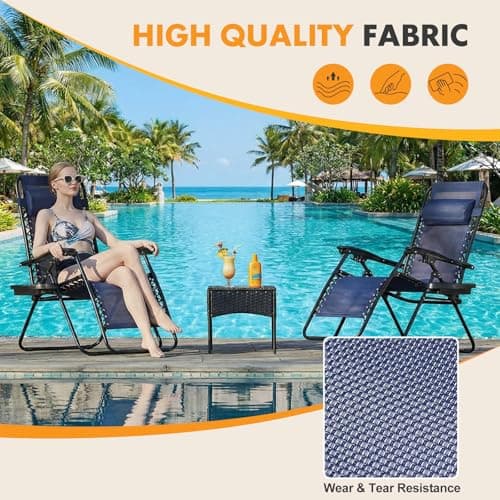 Zero Gravity Chair Set of 2, Adjustable Folding Reclining Lounge Chairs with Mesh Back, Adjustable Pillows & Cup Holder Trays, Outdoor Patio Lawn Chairs for Pool, Beach & Camping, Blue