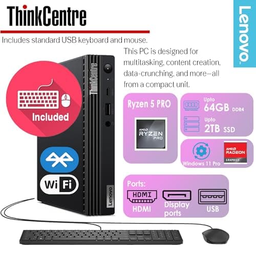 Lenovo ThinkCentre Mini Desktop, Ultra-Fast AMD Ryzen 5 PRO, 16GB RAM, 512GB SSD & 1TB HDD, Wi-Fi 6, Bluetooth5, USB-C, HDMI, Display Port, RJ-45, Windows 11 Pro – Tiny Computer for Everyday Tasks