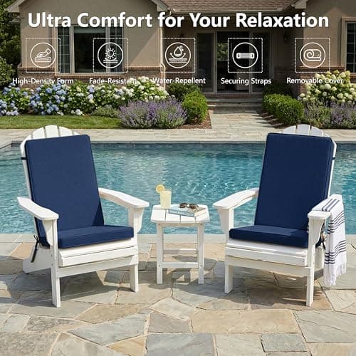Adirondack Chair Cushions Set of 2 - Removable Covers, Water-Repellent & Fade-Resistant Faux Linen, Securing Straps, Non-Slip Bottom, Fit for Most Outdoor Adirondack & Rocking Chairs - Navy