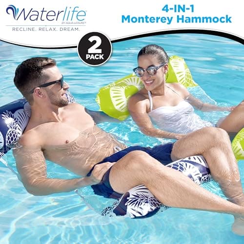 Waterlife 4-in-1 Pool Hammock 2-Pack, Inflatable Pool Chair Float, Water (Saddle, Lounge Chair, Drifter), Navy Blue and Green