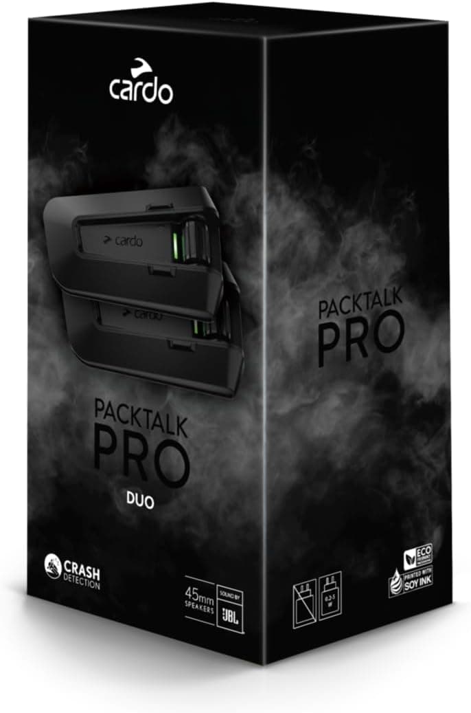Cardo PACKTALK PRO Motorcycle Helmet Communication System Intercom, Crash Detection, Auto On/Off, Air Mount, 45mm Speakers, Single Pack
