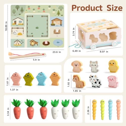 with Fishing Game, Pull-Along Storage Cart, Gears & Play Mat for Fine Motor Play First Birthday Gift for Boys & Girls Ages 1+ Fajiabao Wooden Montessori Toys for 1 Year Old, 7-in-1 Farm Activity Toy B0GL66PD6W
