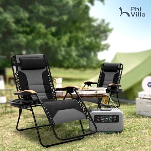 PHI VILLA XXL Oversized Padded Zero Gravity Chair, Foldable Patio Recliner, 30" Wide Seat Anti Gravity Lounger with Cup Holder, Support 400 LBS (Black)