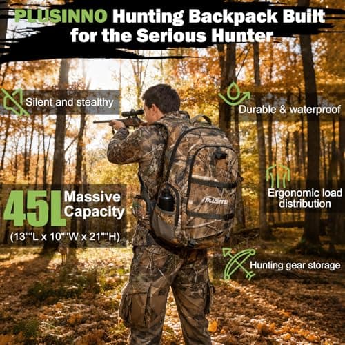 PLUSINNO Hunting Backpack for Hunting Essentials, 45L Waterproof Hunting Gear with Rain Cover, & Padded Scabbard Carry System For Deer Hunt Accessories, Hunt Gift For Men