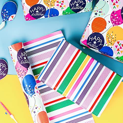 WRAPAHOLIC Reversible Birthday Wrapping Paper - Mini Roll - 17 Inch X 33 Feet - Colorful Balloon with Confetti Design for Birthday, Holiday, Party, Baby Shower B0BJ6V38SZ