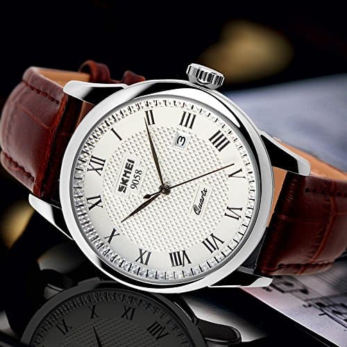 SKMEI Business Men’s Quartz Wristwatches Roman Numeral Leather Band Casual Water Resist Analog Watches