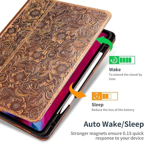 Gexmil Genuine Leather Case for iPad Pro 11 Inch (M5/M4) 2025/2024 with Pencil Holder,Protective Shockproof Leather Smart Folio Cover Adjustable Stand Auto Sleep/Wake Anti-Slip, Flower Brown