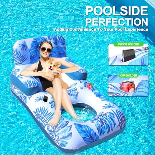 Pool Floats Adult, Pool Floaties with Cup Holder and Phone Holder, Pool Lounger Float with Headrest, Backrest and Footrest, 65" Thicken PVC Inflatable Pool Float for Adult Pool Party Beach Cool