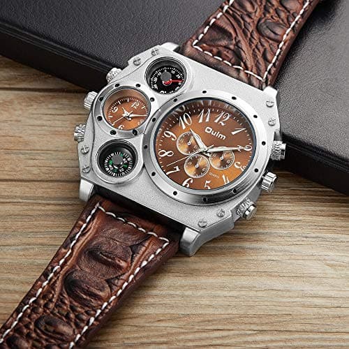 Avaner Men's Leather Wrist Watches: Big Face Dual Time Zone Oversized Large Dial Leather Strap Analog Quartz Watch