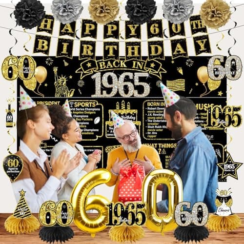 Zirtorei 60th Birthday Decorations for Men, 21pcs Vintage 1965 Banner Party Supplies, Black Gold 60 Year Old Birthday Backdrop, 60 Birthday Honeycomb Centerpiece Hanging Swirls Balloon Sash Gifts