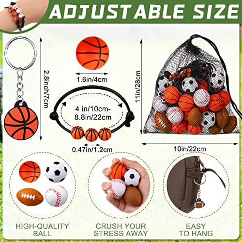 Nosiny Sportball Party Favors - 108 Pcs Bulk Set Including 36 Keychains, 36 Stress Balls & 36 Charm Bracelets for Team Birthday Parties