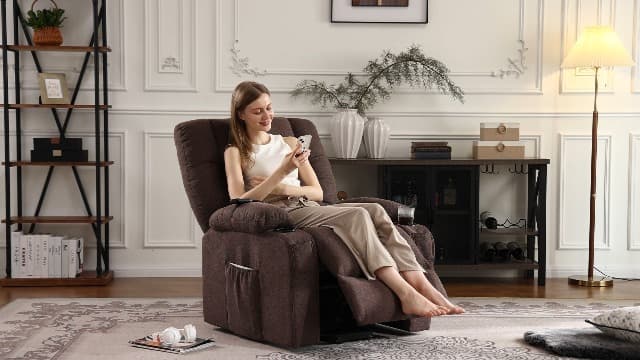 Sweetcrispy Power Lift Recliner Chair with Vibration Massage and Heat for Adults, Ergonomic Overstuffed Breathable Fabric Reclining Chair with Side Pockets, Remote Control, Living Room, Bedroom, Brown