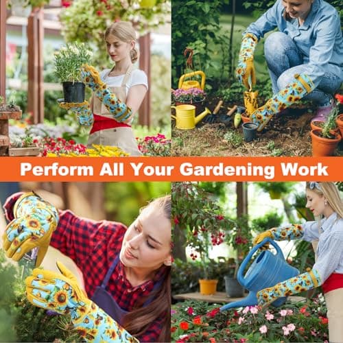 DLY Gardening Gloves for Women, Rose Gloves Gardening Thorn Proof, Long Garden Gloves for Women, Breathable Cowhide Leather Gauntlet (Medium, Blue)