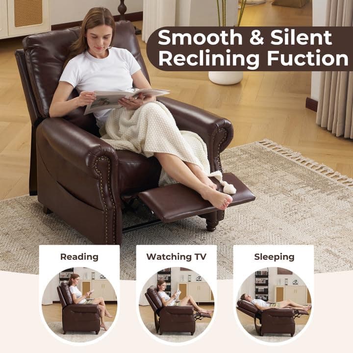 Pushback Recliner Chair with Massage and Heat, Breathable Leather Recliner Chair with Overstuffed Backrest, Recliner with Rivet Decoration, Single Sofa Accent Chair for Living Room, Brown