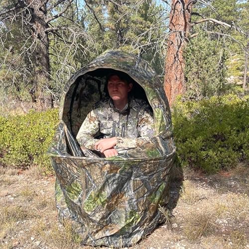 See-Through Hunting Ground Blind with Built-in Chair for Deer Hunting - 1 Person Pop-Up Camouflage Tent