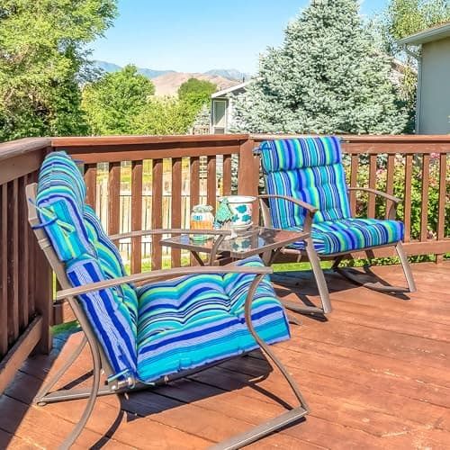 Barydat 4 Pcs Tufted High Back Chair Cushion Indoor Outdoor Seat and Back Cushions Palm Leaves Tropical Plants Lawn Rocking Chair Pads with Ties for Adirondack Patio Garden(Blue Stripes)