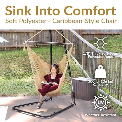 Sunnydaze Outdoor Hammock Chair Swing for Reading - Hanging Hammock Swing for Indoor or Patio - 300lb Capacity - Caribbean XL - Tan