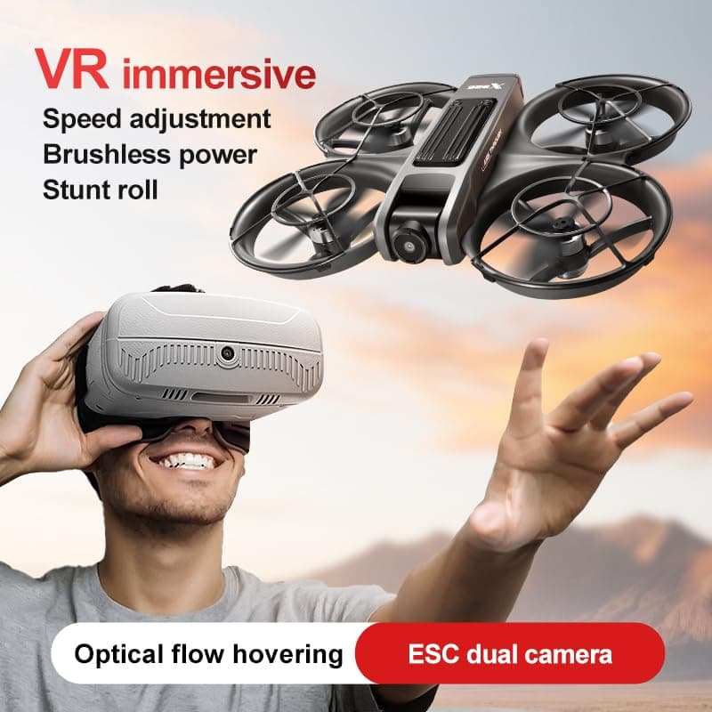 VR FPV Drone, Experience First-Person View Flight, Comes With a VR Goggle Kit and Remote Controller. The Drone Features a Full Propeller Protection Guard and Collision-Resistant Structure, Making It Easy to Operate and Perfect for Beginners. Equipped With an Optical Flow Positioning System and Brushless Motors for Smoother and More Precise Flight. FPV Quadcopter for Entertainment or as a High-Performance Remote Control Helicopter.