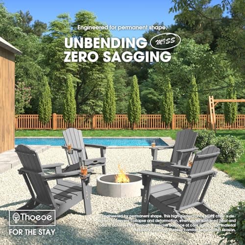 THOEOE Folding Adirondack Chair,HDPE All-Weather Outdoor Chair with Cup Holder,Wooden Textured,Fire Pit Chair,Plastic Patio Chair for Deck,Backyard,Garden,Lawn, Grey